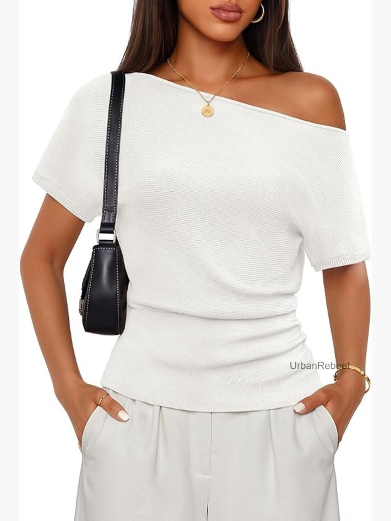 Off Shoulder Short Sleeve Sweater Top Summer Knit Ruched